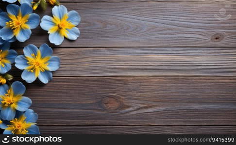 Spring flowers on wooden background. Top view with copy space for your text