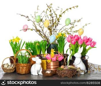 spring flowers with easter bunny and eggs decoration. tulips, snowdrops and narcissus blooms on white background