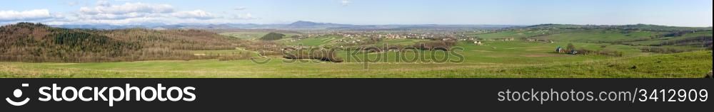 spring foothill panorama landscape (Carpathian, Ukraine). Eight shots stitch image.