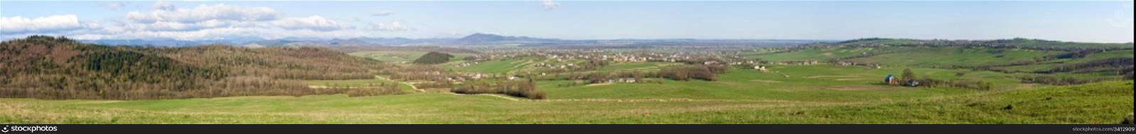 spring foothill panorama landscape (Carpathian, Ukraine). Eight shots stitch image.