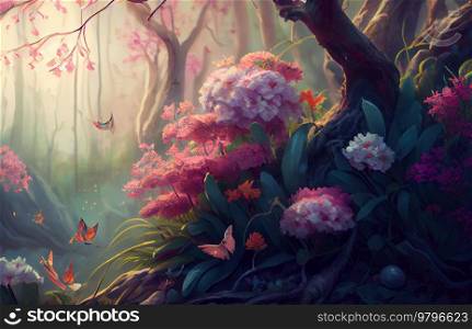 Spring forest pastoral illustration, blooming flowers, path in garden and tree. Spring pastoral illustration