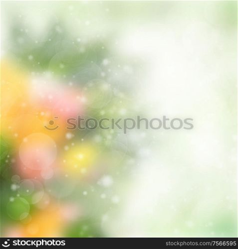 spring green, pink and orange festive garden bokeh background with sun beams. green festive bokeh background
