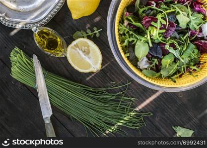 Spring green salad of baby spinach, herbs, arugula and lettuce. Dressing of yogurt, olive oil, honey and lemon.Vegetables for preparing salad on dark table.Concept for helthy food and diet.Natural light.