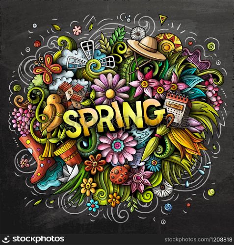 Spring hand drawn cartoon doodles illustration. Funny seasonal design. Creative art vector background. Handwritten text with nature elements and objects. Chalkboard composition. Spring hand drawn cartoon doodles illustration. Funny seasonal design.