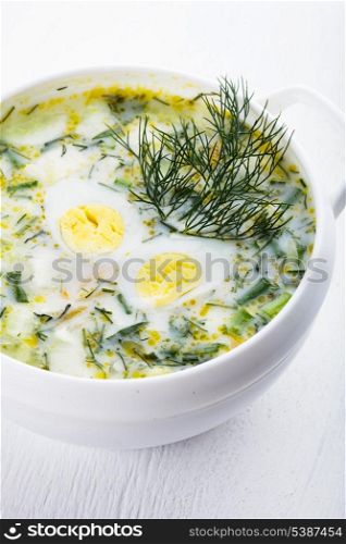 Spring hash soup in white bowl on the wooden table