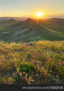 Spring in mountain at the sunset. Nature landscape composition.