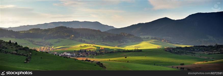 Spring in Slovakia. April sunny hills. Countryside panorama