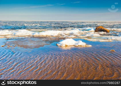 Spring landscape on the river, melting snow on a sunny day