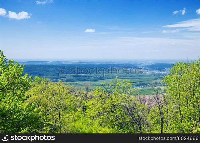 Spring landscape with beautiful valley and blue sky. Crimea