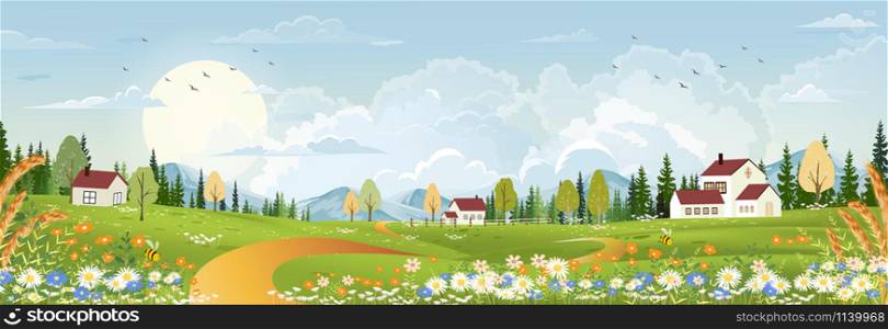 Spring landscape with farm house,mountain,sun, blue sky and clouds, Panorama countryside in UK with peaceful rural nature in springtime with wild grass land.Cartoon vector for spring or summer banner