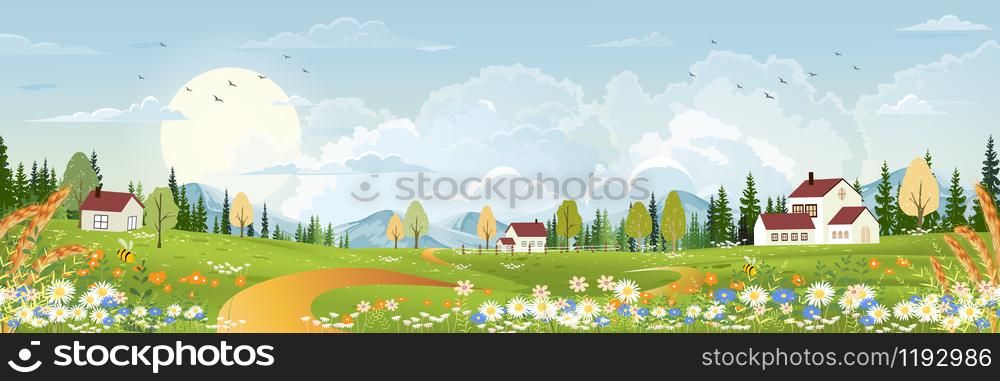 Spring landscape with farm house,mountain,sun, blue sky and clouds, Panorama countryside in UK with peaceful rural nature in springtime with wild grass land.Cartoon vector for spring or summer banner