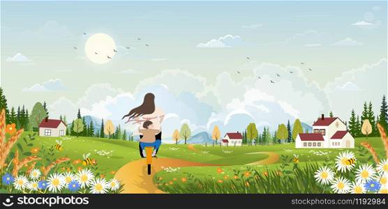 Spring landscape with mother and son riding bicycle in green field on sunny day,Panorama with family outing in countryside in summer with blue sky and clouds. Cartoon vector for spring or summer