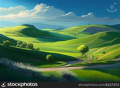 Spring landscape with rolling green hills and light illustration. AI generative.
