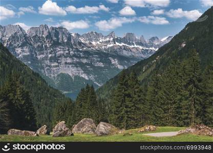 Spring landscape with snow-capped mountain peaks, and green forests on a sunny day, in St Gallen Canton, in Switzerland. Mountain range scenery.