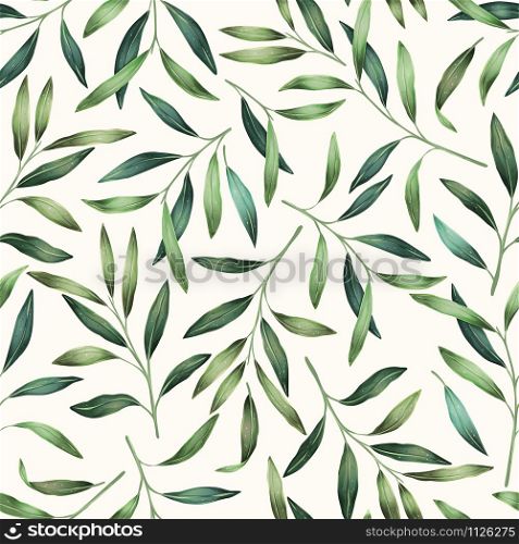 Spring leaves hand drawn seamless pattern. Botanical background. Vector tile for textile design, wrapping paper, decoration, web, social media