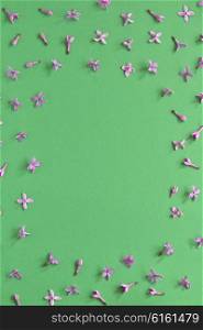 Spring lilac flowers frame on background on green paper
