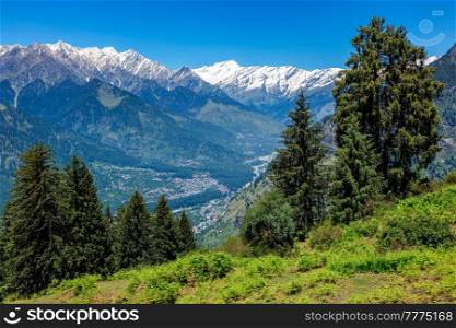 Spring meadow in Kullu valley in Himalaya mountains. Himachal Pradesh, India. Spring in Kullu valley in Himalaya mountains. Himachal Pradesh, India