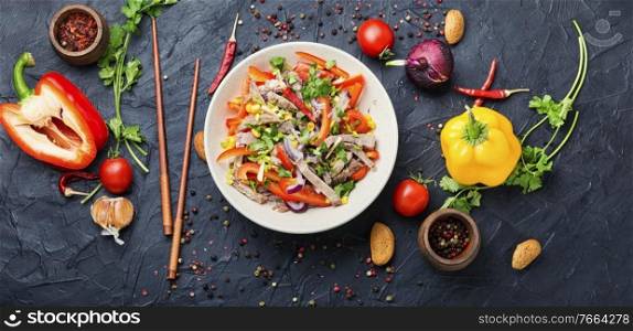 Spring meat salad with beef,pepper,tomato and corn.Asian salad.. Asian salad with vegetables and meat
