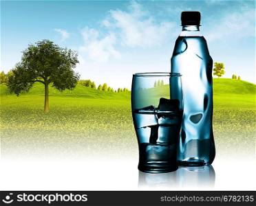 Spring mineral water bottled with glass and ice against natural landscape