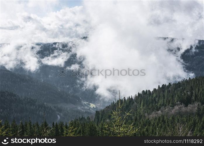 Spring mountain landscape with the Black Forest and the Hornisgrinde mountains covered by clouds, in Germany. Fir forest on peaks and cloudscape.