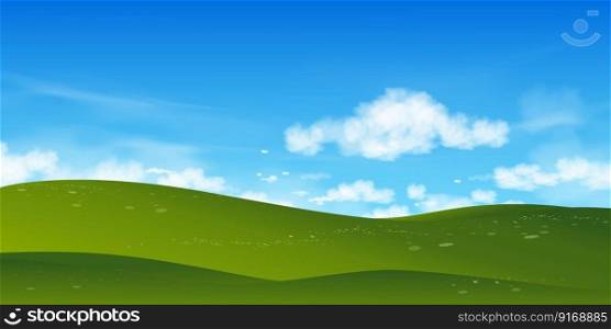 Spring Nature Background of Green Field Landscape with Blue Sky,Horizon Summer rural with grass land on hills with Morning Sky.Cartoon banner for Easter,Earth day,Ecology concept