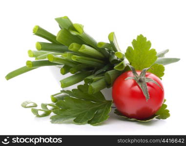 Spring onions and cherry tomato in bowl isolated on white background cutout