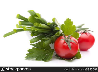 Spring onions and cherry tomato in bowl isolated on white background cutout