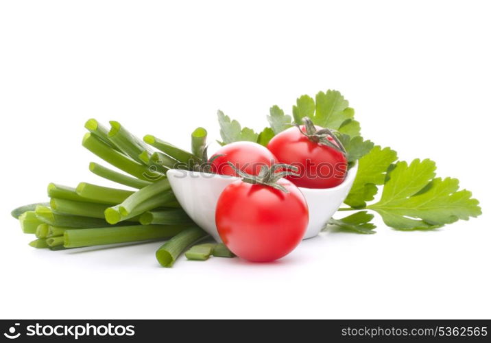 Spring onions and cherry tomato in bowl isolated on white background cutout