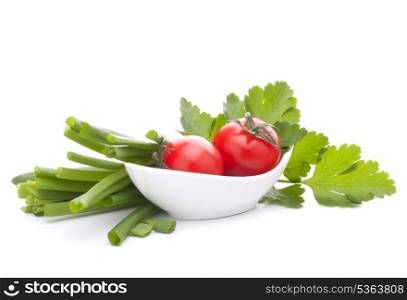 Spring onions and cherry tomato in bowl isolated on white background cutout