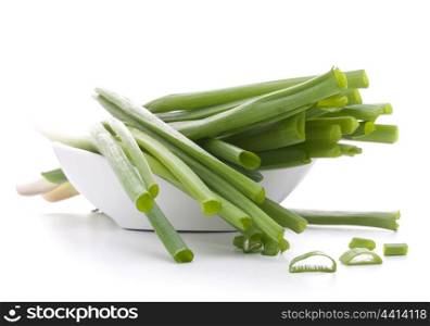 Spring onions in bowl isolated on white background cutout