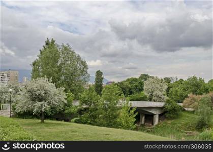 Spring panorama of a part of residential district neighborhood along a lake with green trees, flowering willow, shrubs and flowers, Drujba, Sofia, Bulgaria