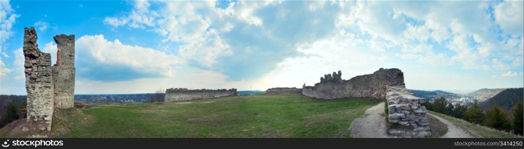 Spring panorama view of fortress ruins (Kremenets town, Ternopil Oblast, Ukraine). Built in 13th century. Five shots stitch image.