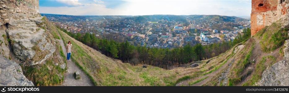 Spring panorama view of Kremenets town from fortress ruins (Ternopil Oblast, Ukraine). Five shots stitch image.