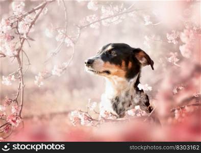 Spring portrait of a dog in pink flowers. Spring is the most beautiful time. A dog is a man s best friend.  
