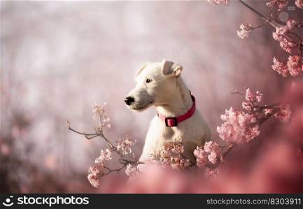 Spring portrait of a dog in pink flowers. Spring is the most beautiful time. A dog is a man s best friend.  