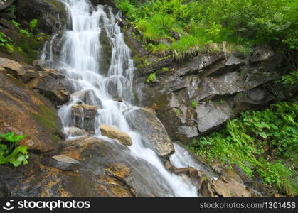 Spring rill flow in mountain. Nature composition.