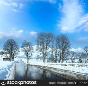 Spring road with reflection of trees through the alpine village in Austria.