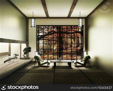 Spring room with bonsai tree and low table on tatami mat and window view Spring tree,Japanese style. 3D rendering