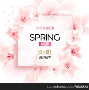 Spring sale background with beautiful flowers. Vector illustration template. Banners. Flyers. Invitation. Poster. Brochure. Voucher discount.