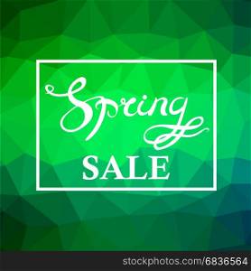 Spring Sale Lettering Design.Green Banner with a Textured Abstract Blurred Flare Background and Text in Square Frame.. Spring Sale Lettering Design