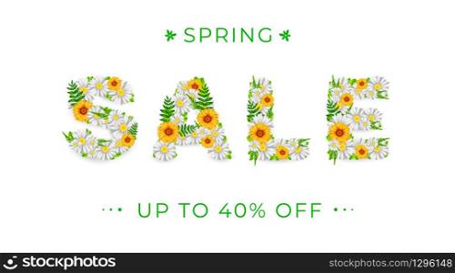 Spring sale realistic vector illustration - sale word made of realistic spring camomile Banner template with realistic butterfly and camomile and grass with white frame. Wallpaper, flyers, invitation, posters. Spring sale realistic vector illustration with beautiful colorful flowers. Banner template with realistic butterfly and camomile and grass with white frame. Wallpaper. flyers, invitation, posters
