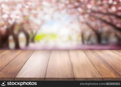 Spring seasonal ofπnk sakura branch with wooden tab≤stand, flower background. Neural≠twork AI≥≠rated art. Spring seasonal ofπnk sakura branch with wooden tab≤stand, flower background. Neural≠twork AI≥≠rated