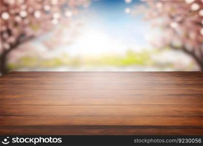 Spring seasonal ofπnk sakura branch with wooden tab≤stand, flower background. Neural≠twork AI≥≠rated art. Spring seasonal ofπnk sakura branch with wooden tab≤stand, flower background. Neural≠twork AI≥≠rated