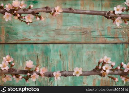 Spring seasonal of pink sakura branch with wooden table stand ,flower background. Neural network AI generated art. Spring seasonal of pink sakura branch with wooden table stand ,flower background. Neural network AI generated