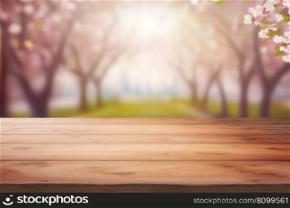 Spring seasonal of pink sakura branch with wooden table stand, flower background. Neural network AI generated art. Spring seasonal of pink sakura branch with wooden table stand, flower background. Neural network AI generated