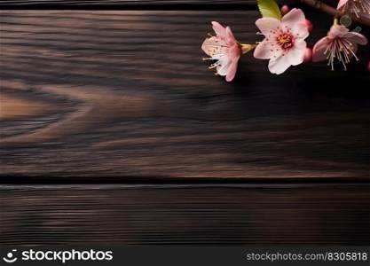 Spring seasonal of pink sakura branch with wooden table stand ,flower background. Neural network AI generated art. Spring seasonal of pink sakura branch with wooden table stand ,flower background. Neural network AI generated
