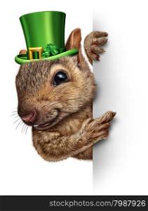 Spring squirrel banner concept as cute happy wildlife wearing a lucky green saint patricks day hat with four leaf clovers holding a blank sign as a festive holiday seasonal symbol.