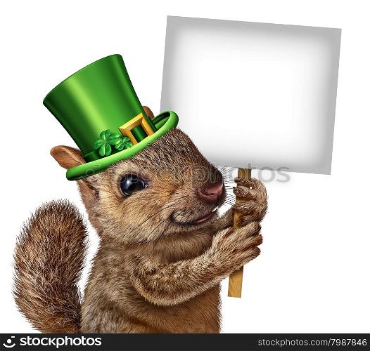 Spring squirrel sign concept as cute happy wildlife wearing a lucky green saint patricks day hat with four leaf clovers holding a blank signboard or placard as a festive holiday seasonal symbol.