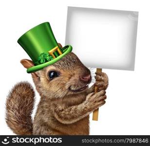 Spring squirrel sign concept as cute happy wildlife wearing a lucky green saint patricks day hat with four leaf clovers holding a blank signboard or placard as a festive holiday seasonal symbol.