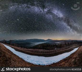 Spring starry night Carpathian mountains plateau landscape with snow-covered ridge tops in far and Milky Way in sky, Ukraine.